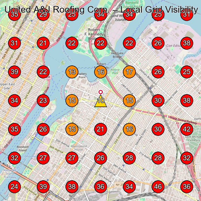 United A&J Roofing Corp. GeoGrid visibility map for Roofing Contractor in Long Island City